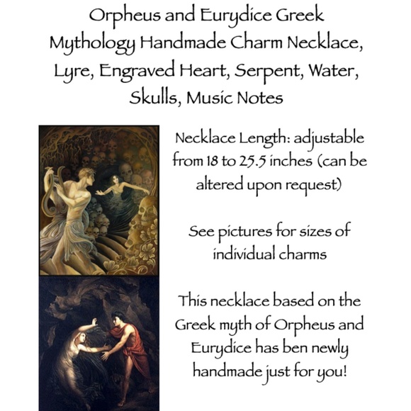 Orpheus & Eurydice Greek Mythology Handmade Necklace, Lyre, Music, Skulls, Heart - Picture 14 of 15